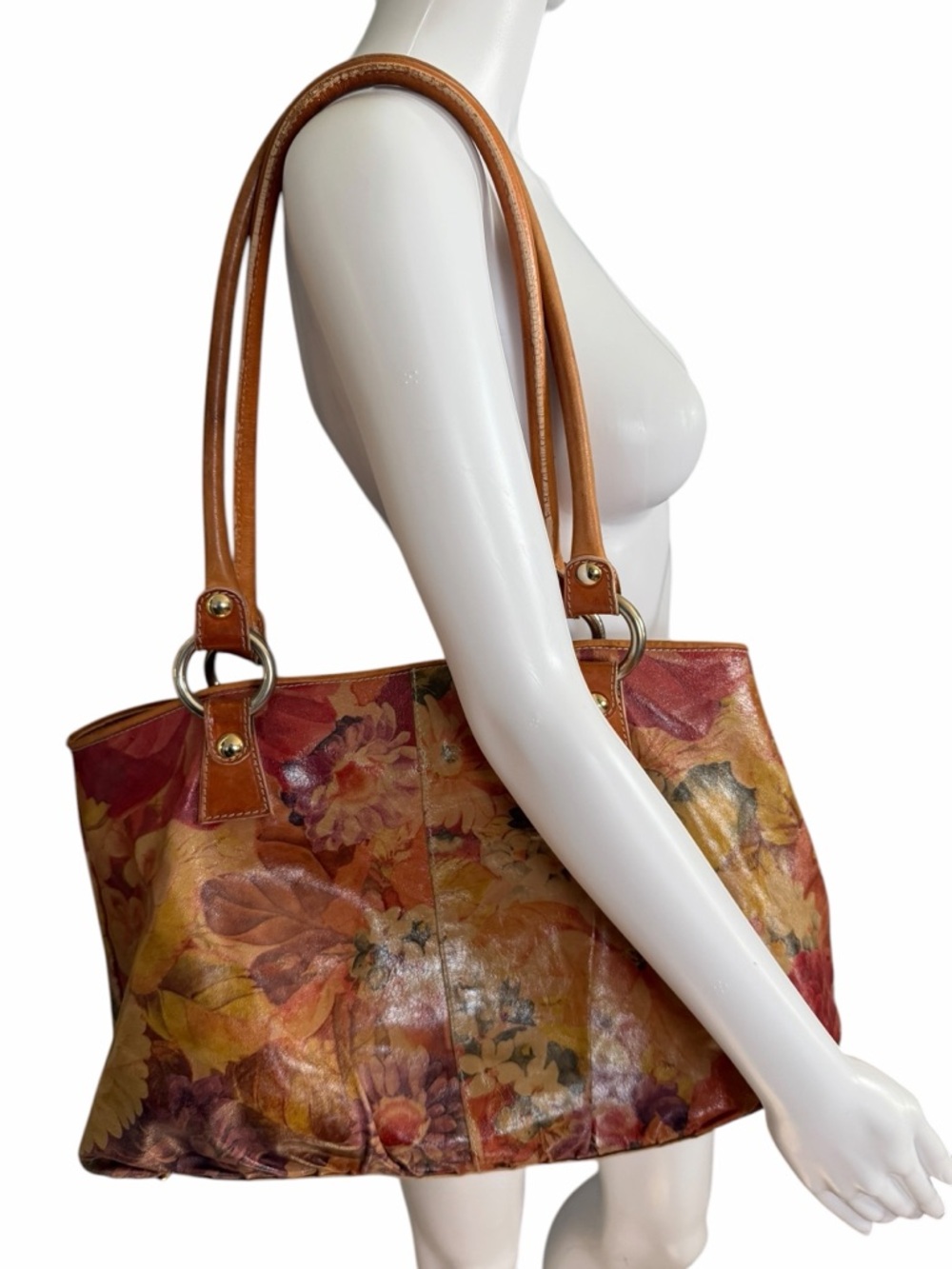 Maurizio Taiuti Floral Leather Shoulder Tote in Tan and Multi-Color Large